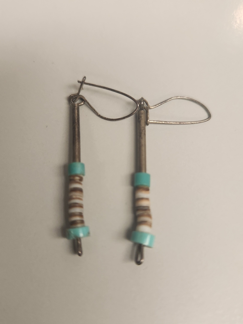 Vintage Sterling W/ Heishi and Turquoise and Cream Beaded Drop Earrings -